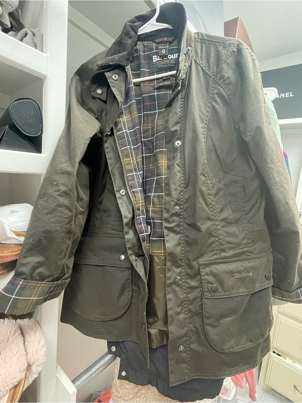 Barbour Olive Green Waxed Cotton Field Jacket with Tartan Lining